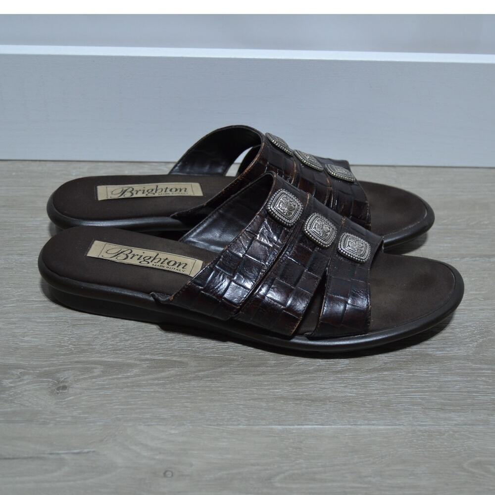 Brighton Woman's Brown Leather Croc-embossed Slide Sandals Size 8 - Picture 4 of 7
